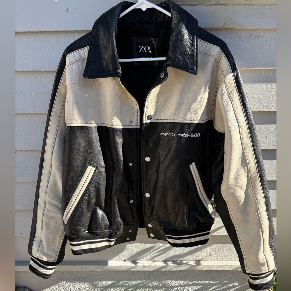 Limited edition Zara Black and Cream Varsity genuine leather jacket